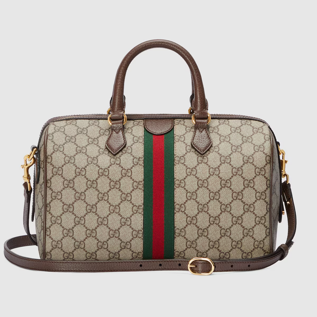 GUCCI Ophidia GG medium top handle bag in beige and ebony canvas