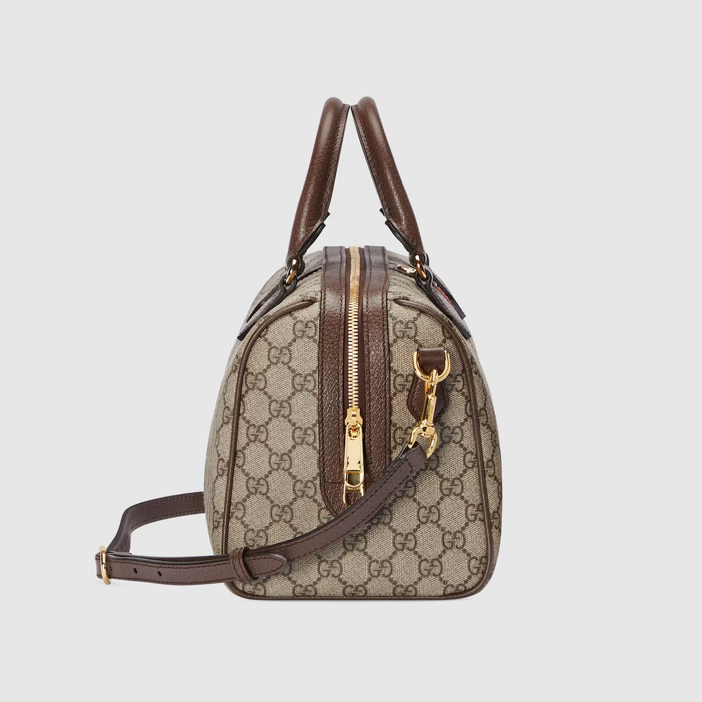 GUCCI Ophidia GG medium top handle bag in beige and ebony canvas