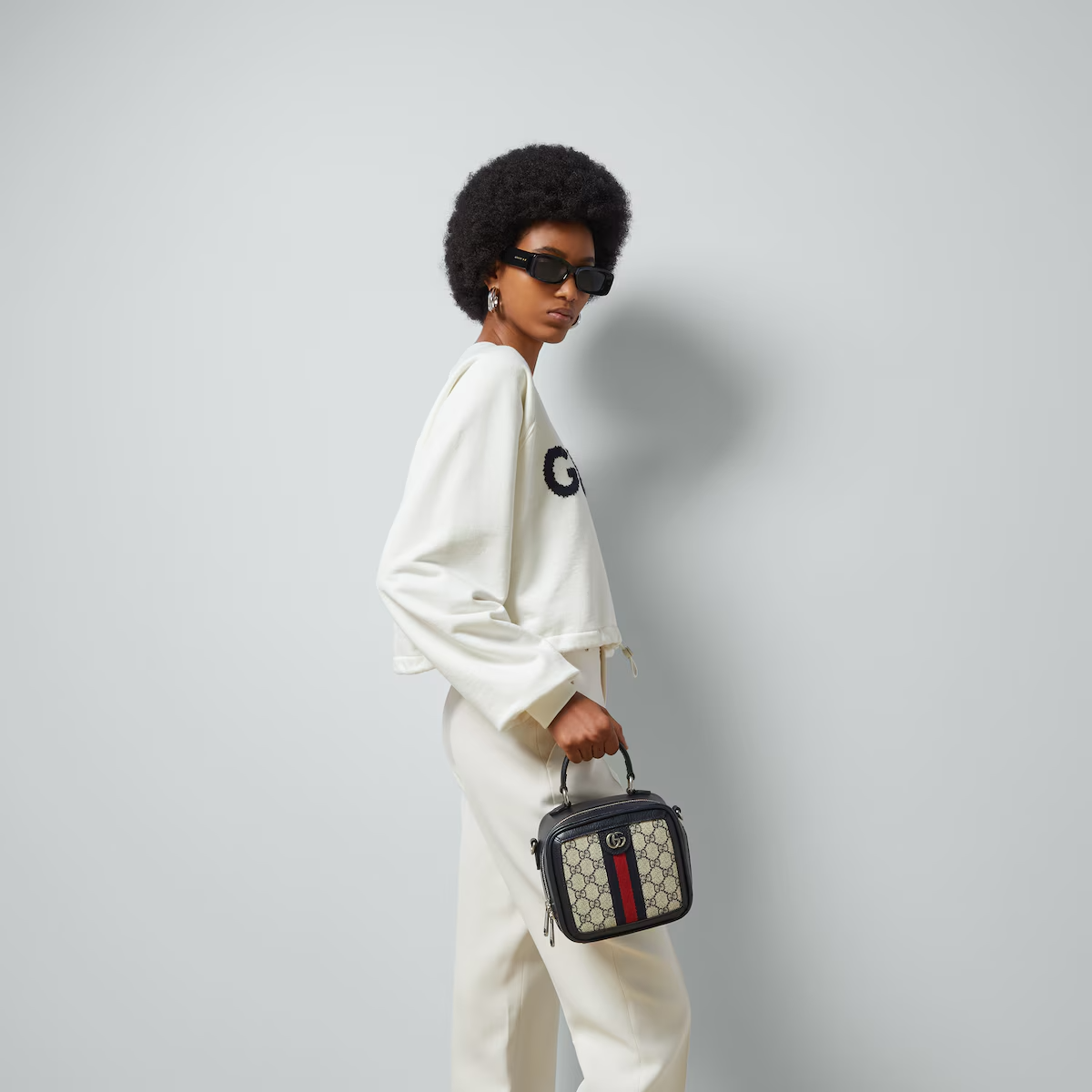 GUCCI Ophidia GG mini top handle bag in beige and blue GG Supreme