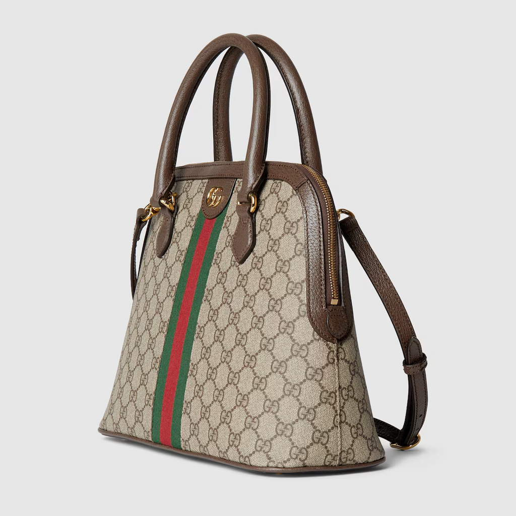GUCCI Ophidia medium top handle bag in beige and ebony Supreme