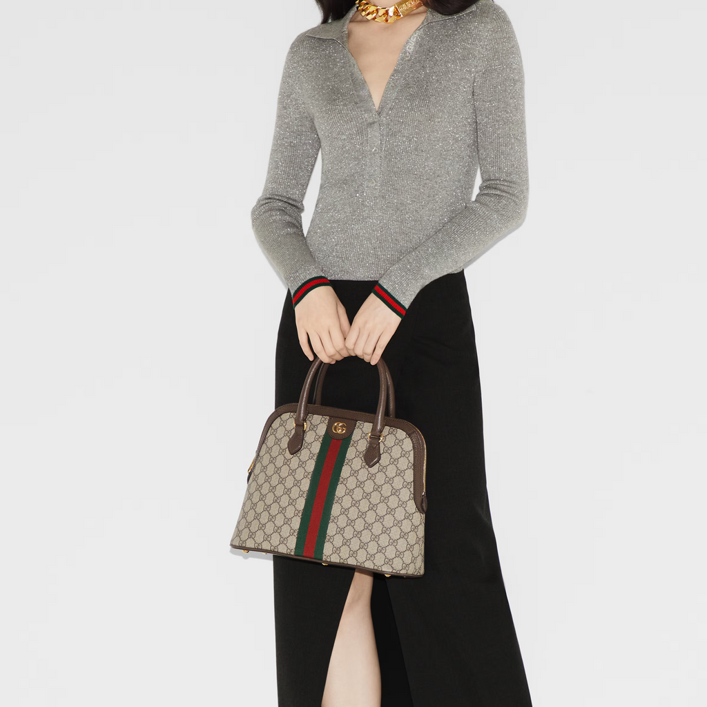 GUCCI Ophidia medium top handle bag in beige and ebony Supreme
