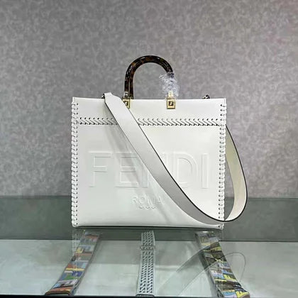 Fendi Women Sunshine Medium White Leather Shopper with Decorative Stitching