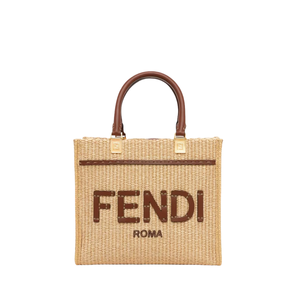 Fendi Sunshine Small - Natural raffia and brown leather shopper