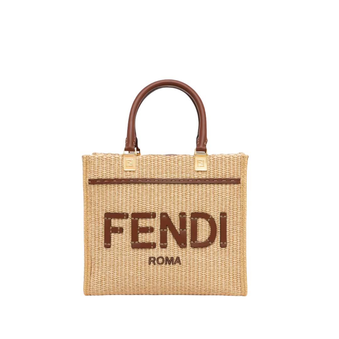 Fendi Sunshine Small - Natural raffia and brown leather shopper