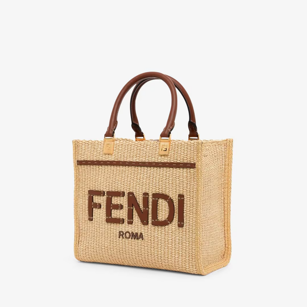 Fendi Sunshine Small - Natural raffia and brown leather shopper