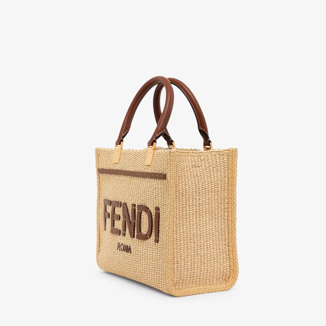 Fendi Sunshine Small - Natural raffia and brown leather shopper