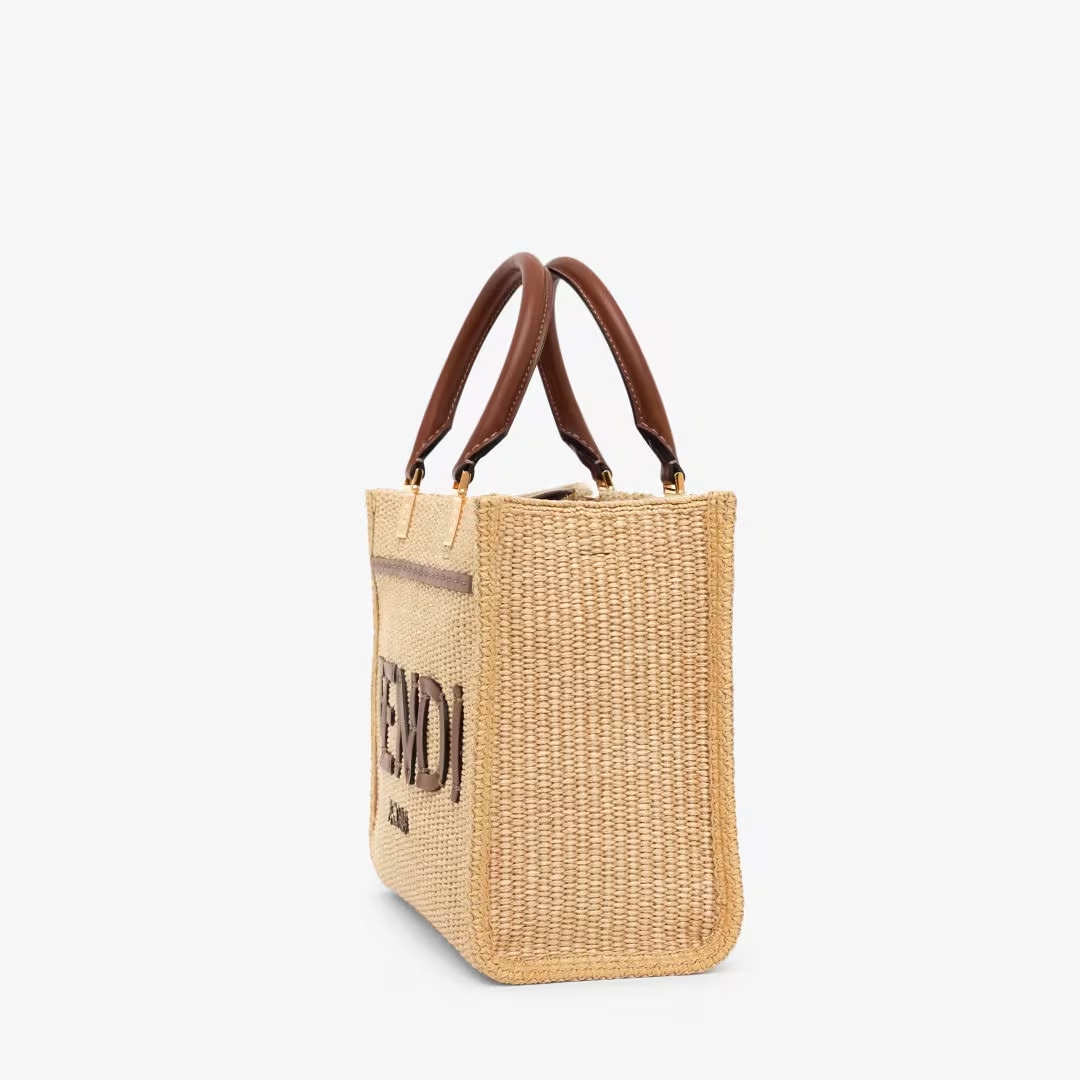 Fendi Sunshine Small - Natural raffia and brown leather shopper