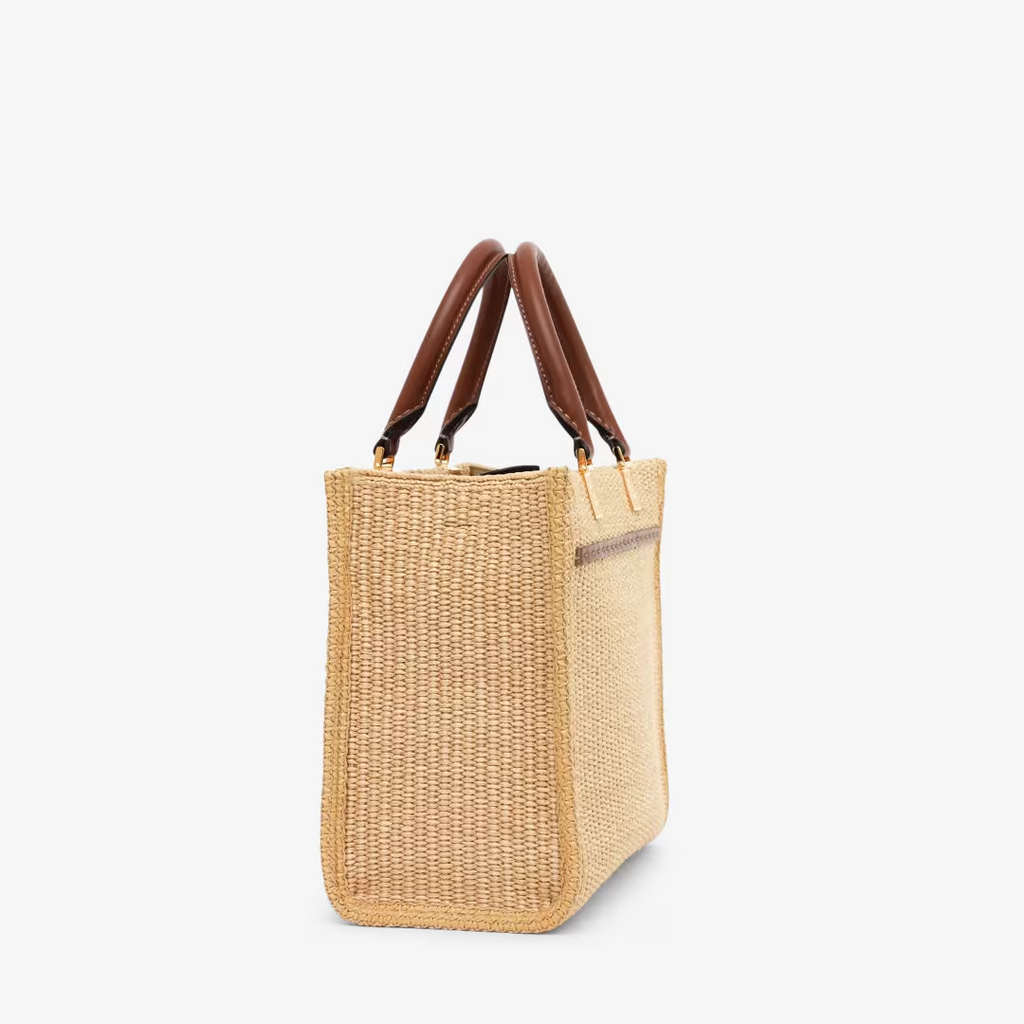 Fendi Sunshine Small - Natural raffia and brown leather shopper