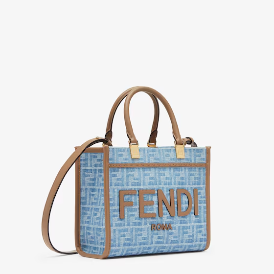 Fendi Sunshine Small - Light blue FF denim fabric shopper