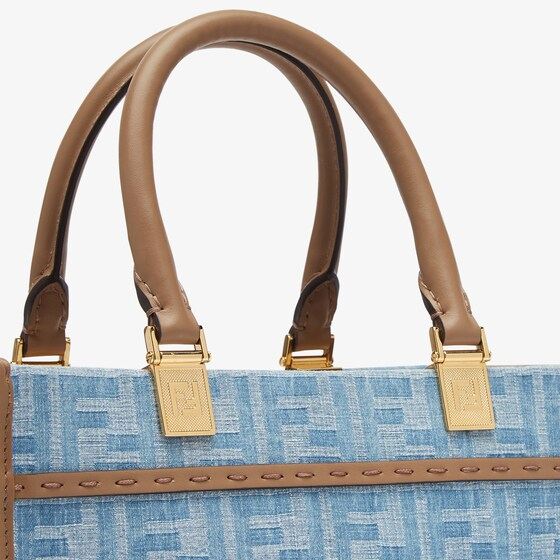 Fendi Sunshine Small - Light blue FF denim fabric shopper