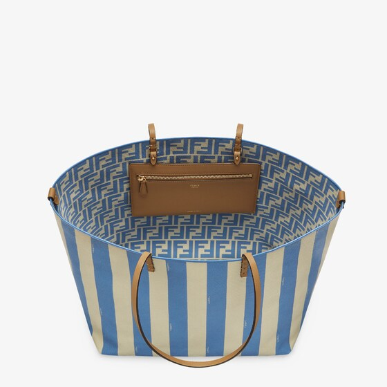 Fendi Large Roll - Reversible shopper in Pequin striped and light blue FF fabric