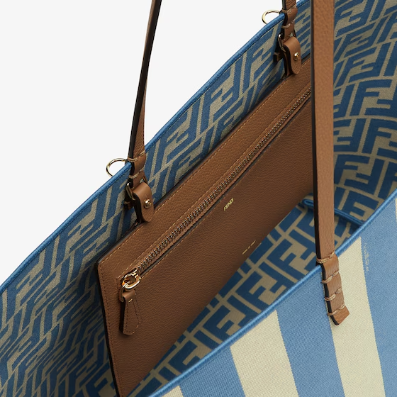 Fendi Large Roll - Reversible shopper in Pequin striped and light blue FF fabric