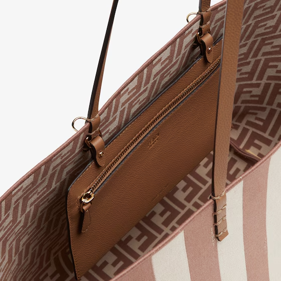 Fendi Large Roll - Reversible shopper in Pequin striped and beige FF fabric