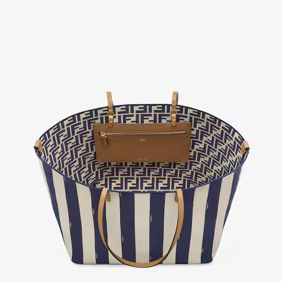 Fendi Large Roll - Reversible shopper in Pequin striped and midnight blue FF fabric