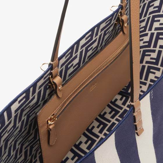 Fendi Large Roll - Reversible shopper in Pequin striped and midnight blue FF fabric