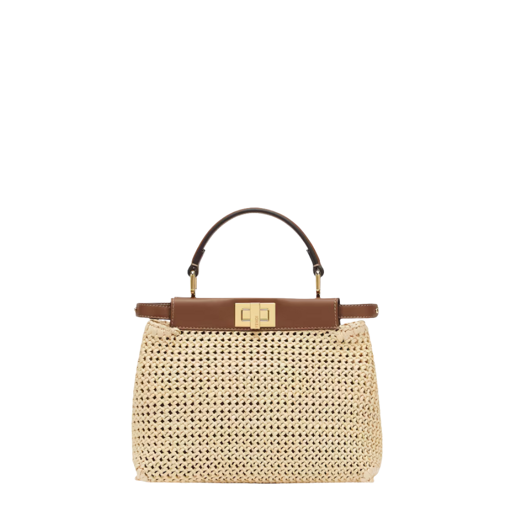 Fendi Peekaboo Mini - Brown leather and macram raffia bag