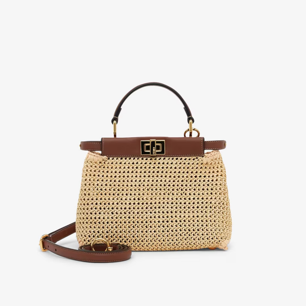 Fendi Peekaboo Mini - Brown leather and macram raffia bag