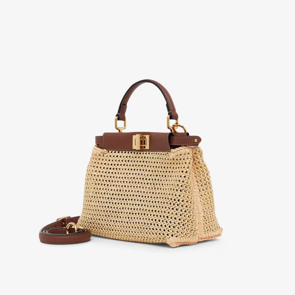 Fendi Peekaboo Mini - Brown leather and macram raffia bag