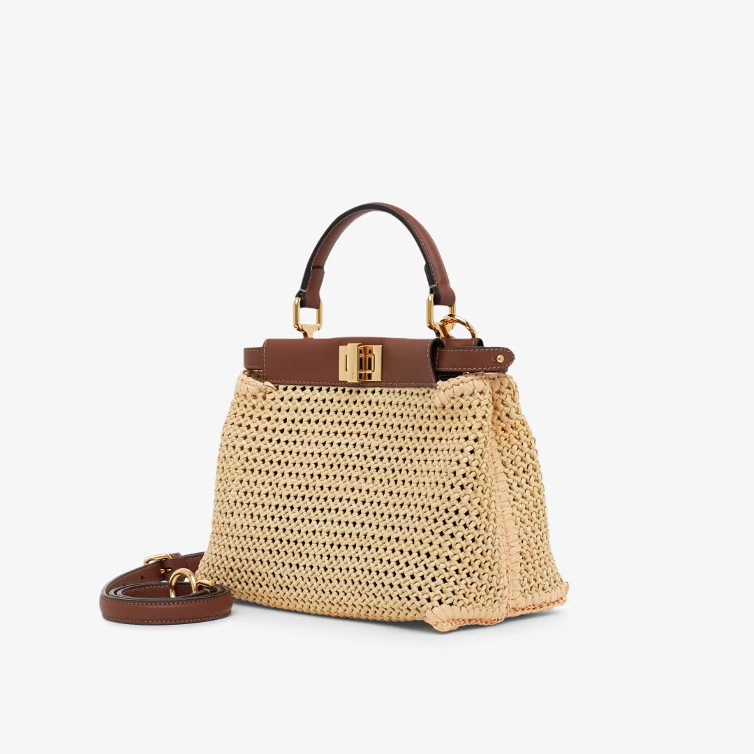Fendi Peekaboo Mini - Brown leather and macram raffia bag