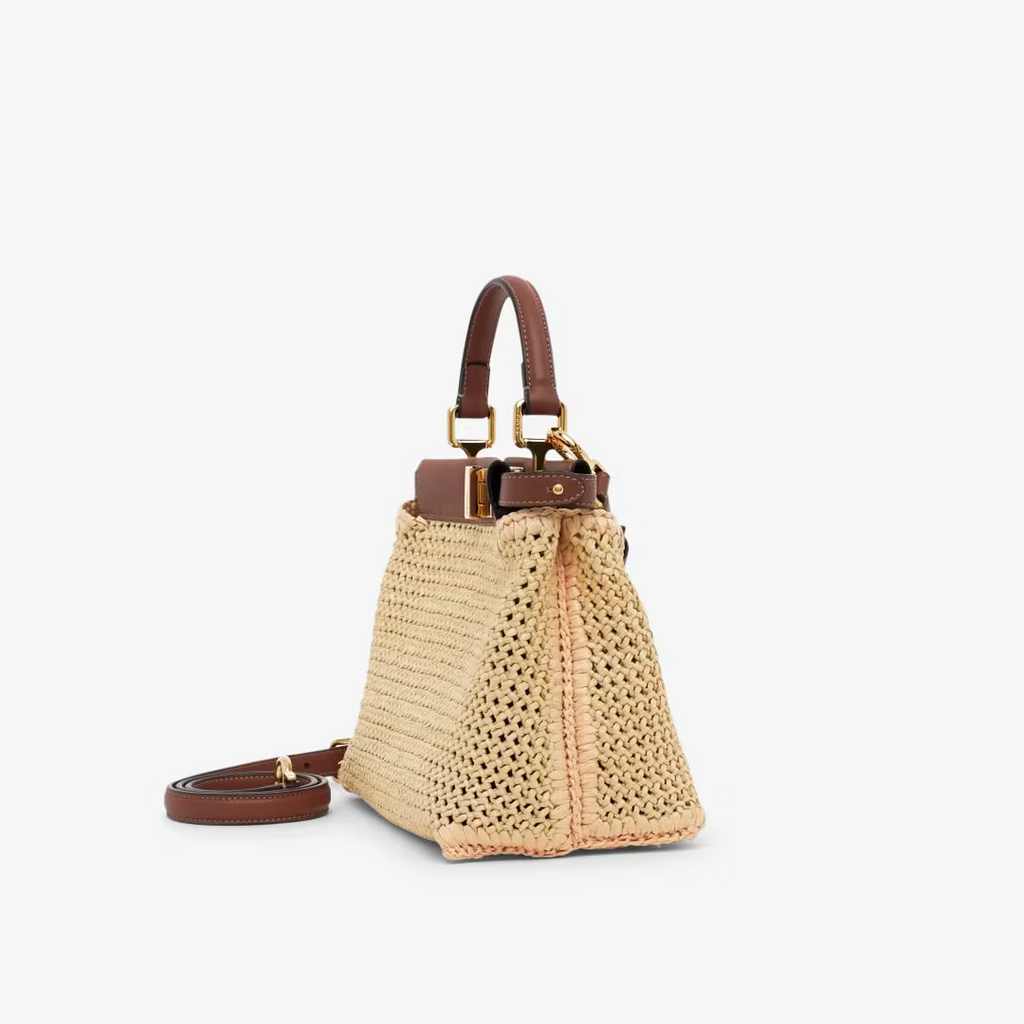 Fendi Peekaboo Mini - Brown leather and macram raffia bag