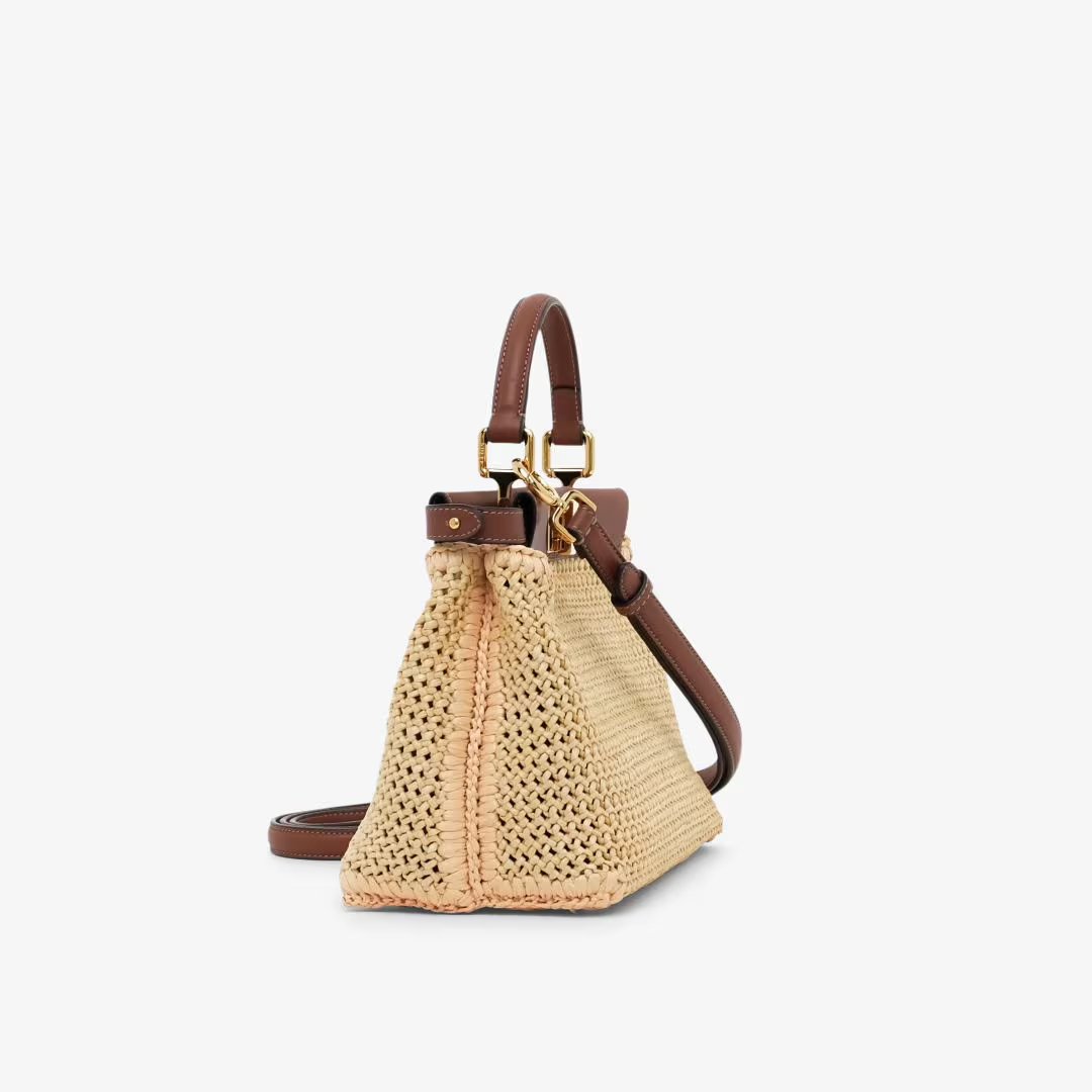 Fendi Peekaboo Mini - Brown leather and macram raffia bag
