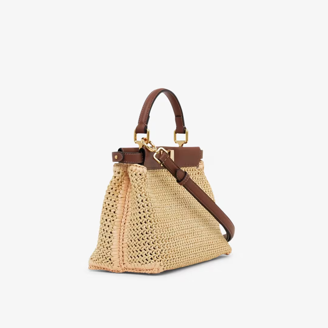 Fendi Peekaboo Mini - Brown leather and macram raffia bag