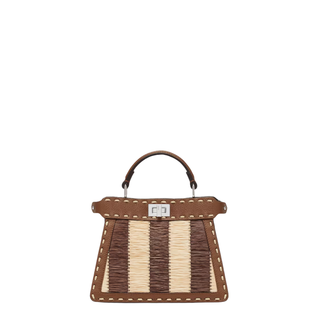Fendi Peekaboo ISeeU Petite - Brown Selleria and Pequin raffia bag with 306 hand-sewn topstitches