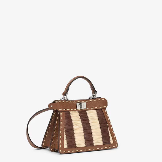 Fendi Peekaboo ISeeU Petite - Brown Selleria and Pequin raffia bag with 306 hand-sewn topstitches