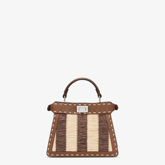 Fendi Peekaboo ISeeU Petite - Brown Selleria and Pequin raffia bag with 306 hand-sewn topstitches