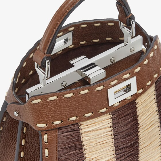 Fendi Peekaboo ISeeU Petite - Brown Selleria and Pequin raffia bag with 306 hand-sewn topstitches
