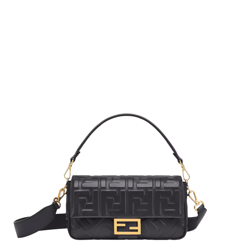 Fendi Baguette - Black nappa leather bag with FF motif