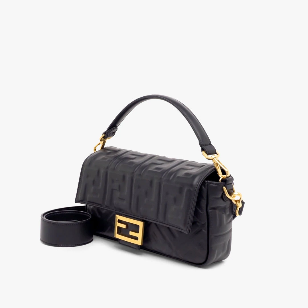 Fendi Baguette - Black nappa leather bag with FF motif