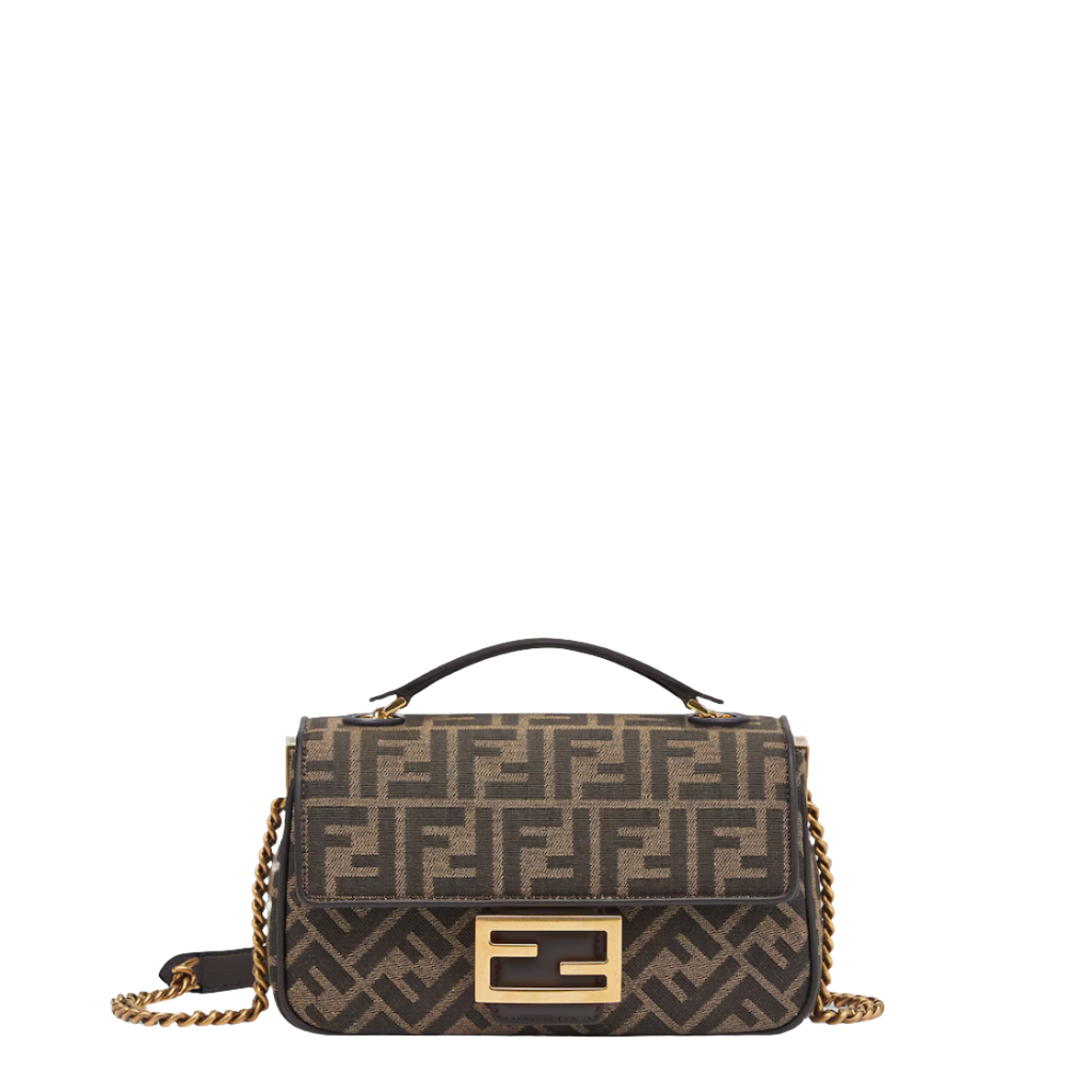 Fendi Baguette Chain Midi - Brown FF jacquard fabric bag