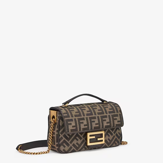 Fendi Baguette Chain Midi - Brown FF jacquard fabric bag