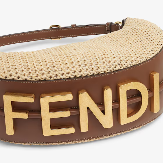 Fendi Fendigraphy Small - Brown leather and natural macram raffia bag
