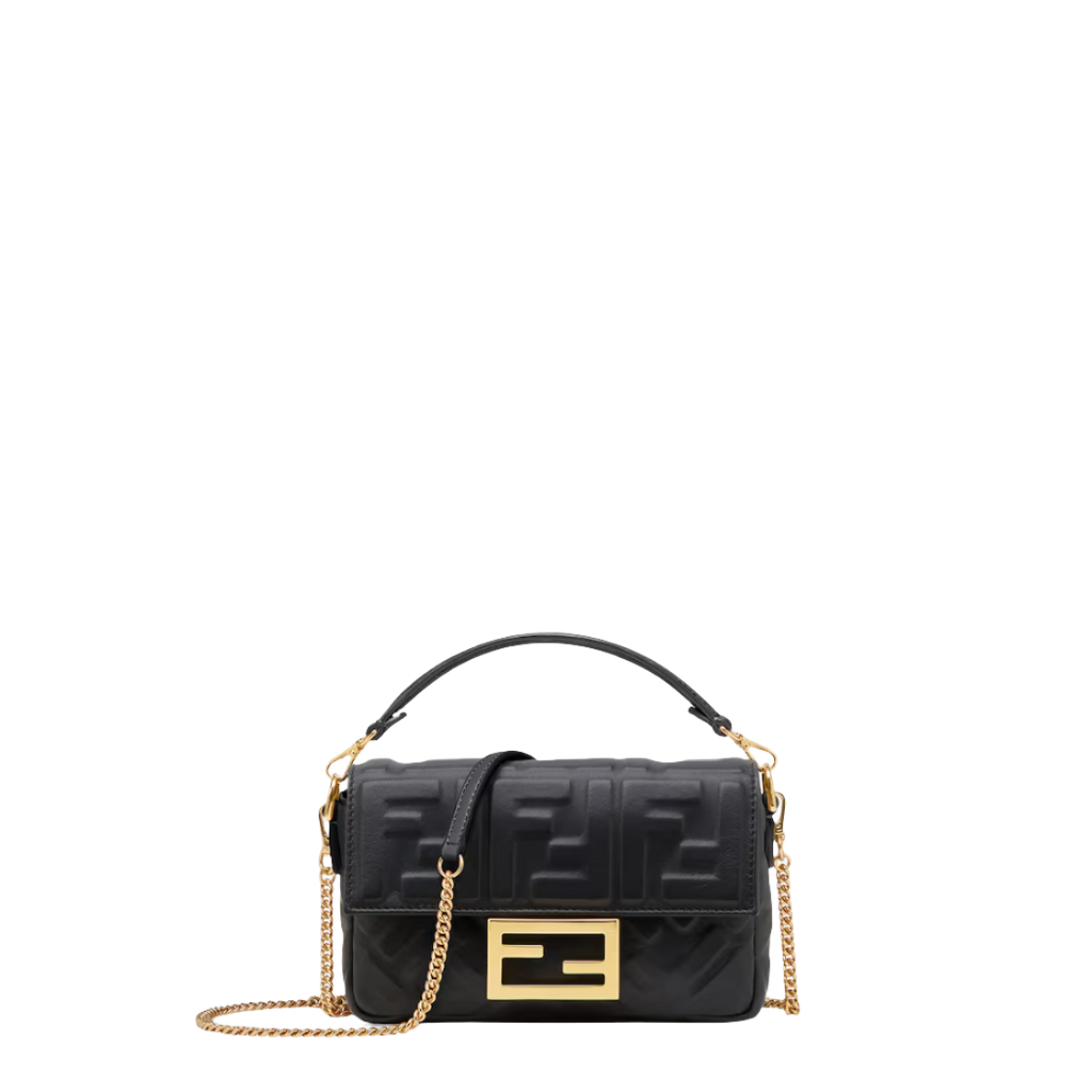 Fendi Baguette Mini - Black nappa leather bag with FF motif