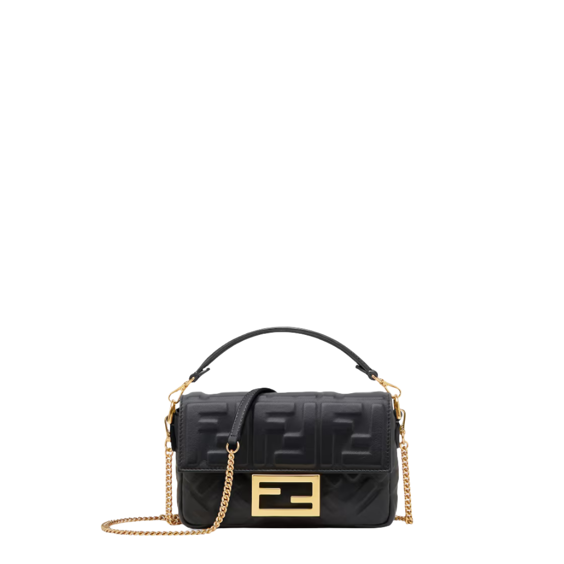 Fendi Baguette Mini - Black nappa leather bag with FF motif