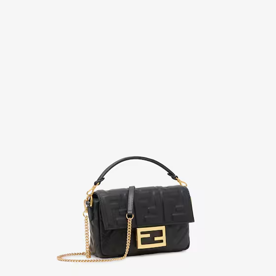 Fendi Baguette Mini - Black nappa leather bag with FF motif