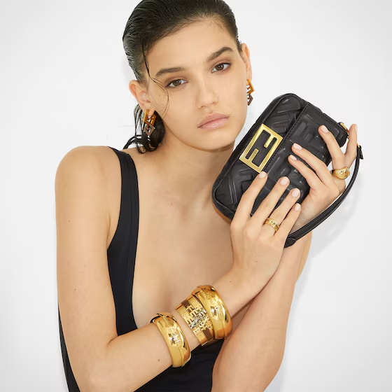 Fendi Baguette Mini - Black nappa leather bag with FF motif