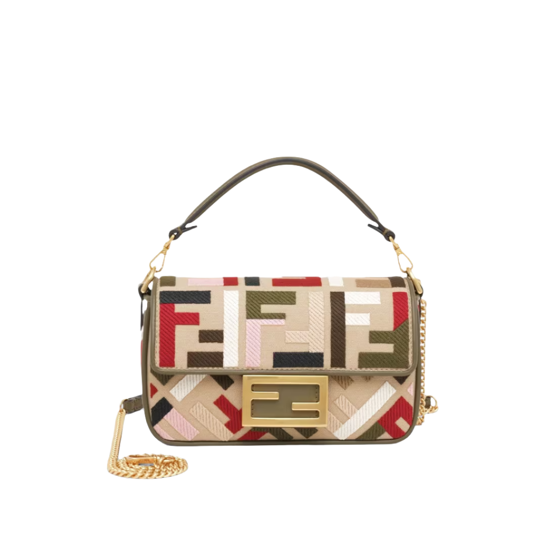Fendi Baguette Mini - Canvas bag with multicolour FF embroidery