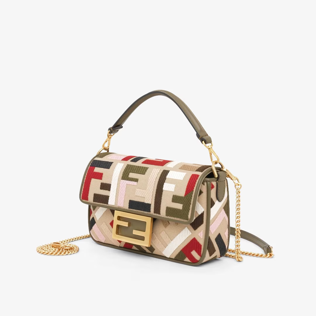 Fendi Baguette Mini - Canvas bag with multicolour FF embroidery