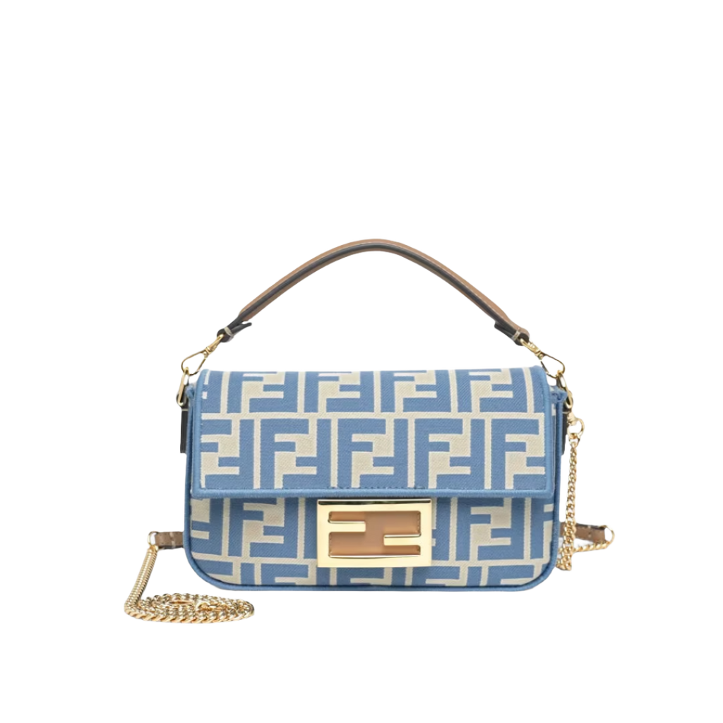 Fendi Baguette Mini - Light blue FF jacquard fabric bag