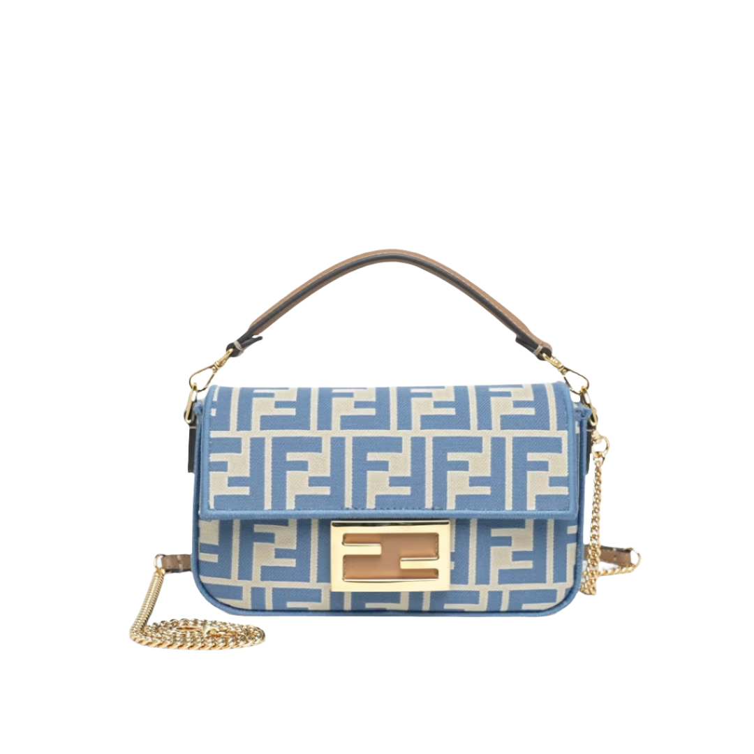Fendi Baguette Mini - Light blue FF jacquard fabric bag