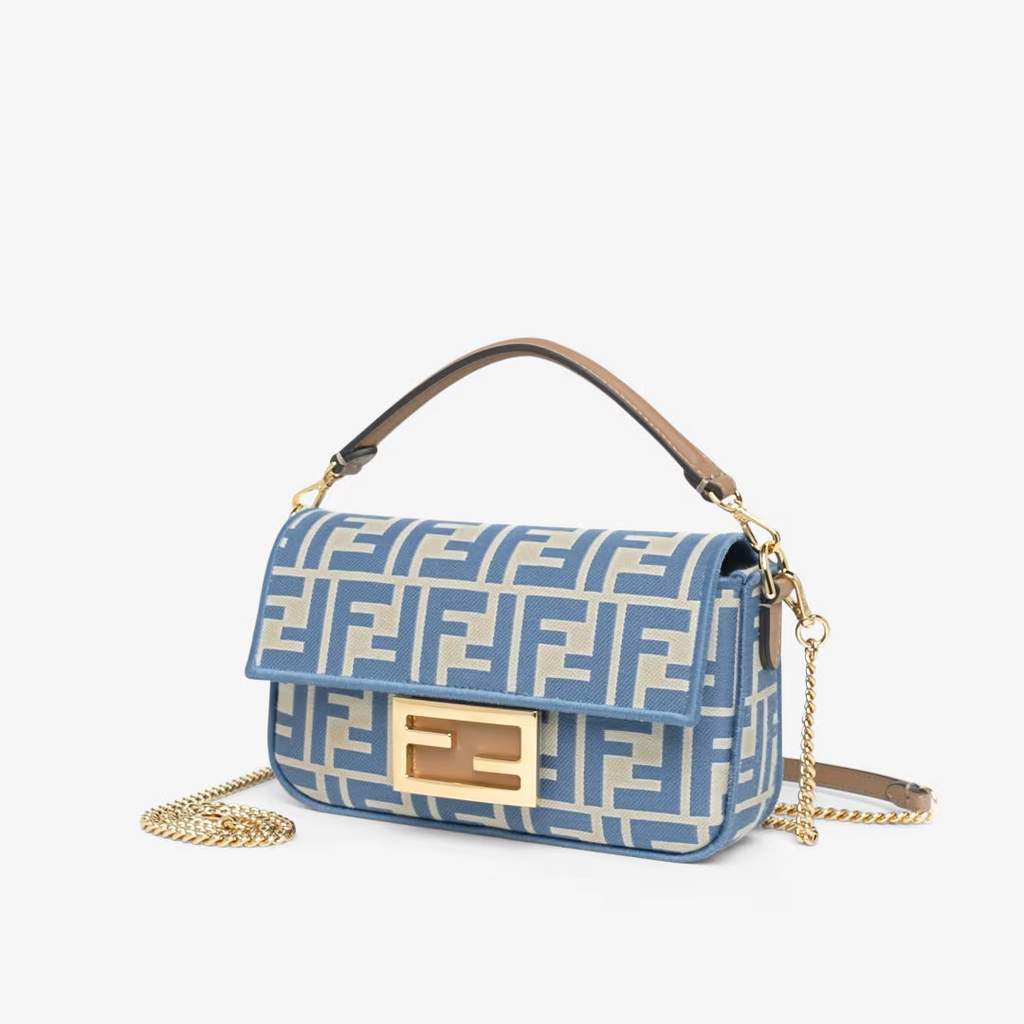 Fendi Baguette Mini - Light blue FF jacquard fabric bag