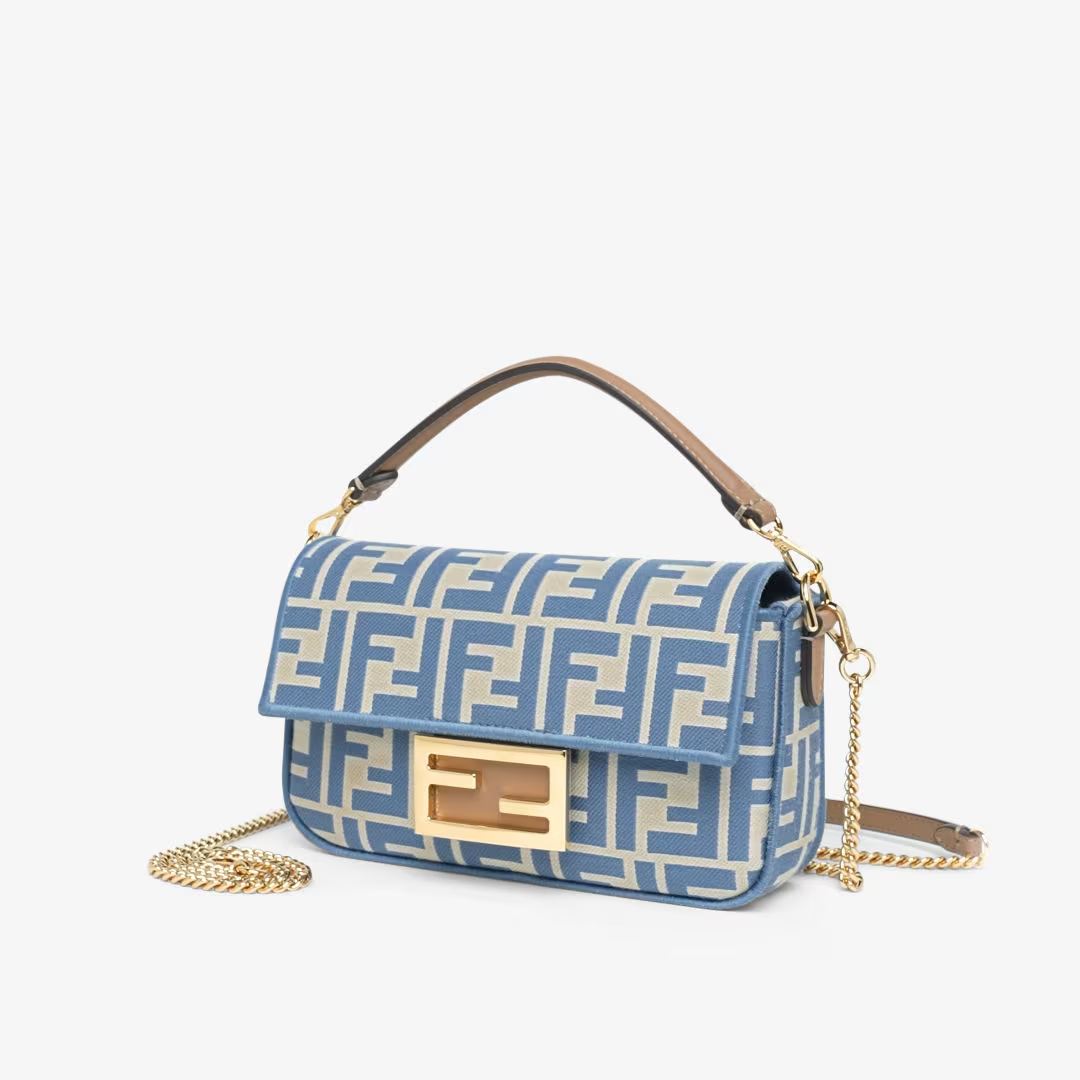 Fendi Baguette Mini - Light blue FF jacquard fabric bag