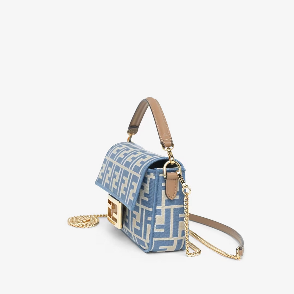 Fendi Baguette Mini - Light blue FF jacquard fabric bag