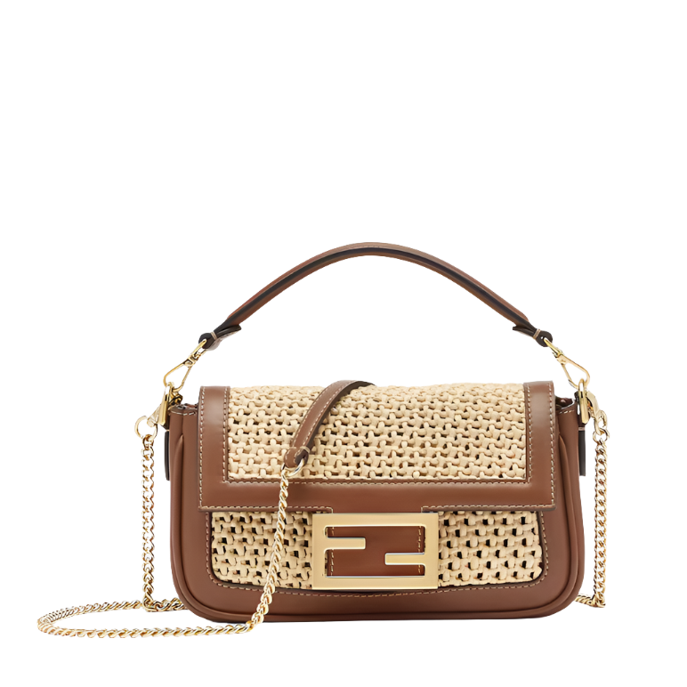 Fendi Baguette Mini - Brown leather and macram  raffia bag