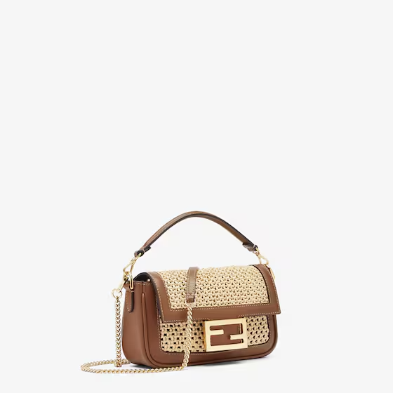 Fendi Baguette Mini - Brown leather and macram  raffia bag