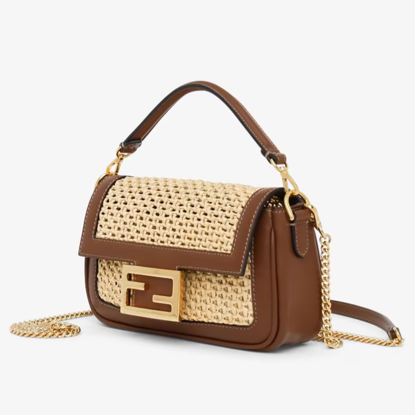 Fendi Baguette Mini - Brown leather and macram  raffia bag