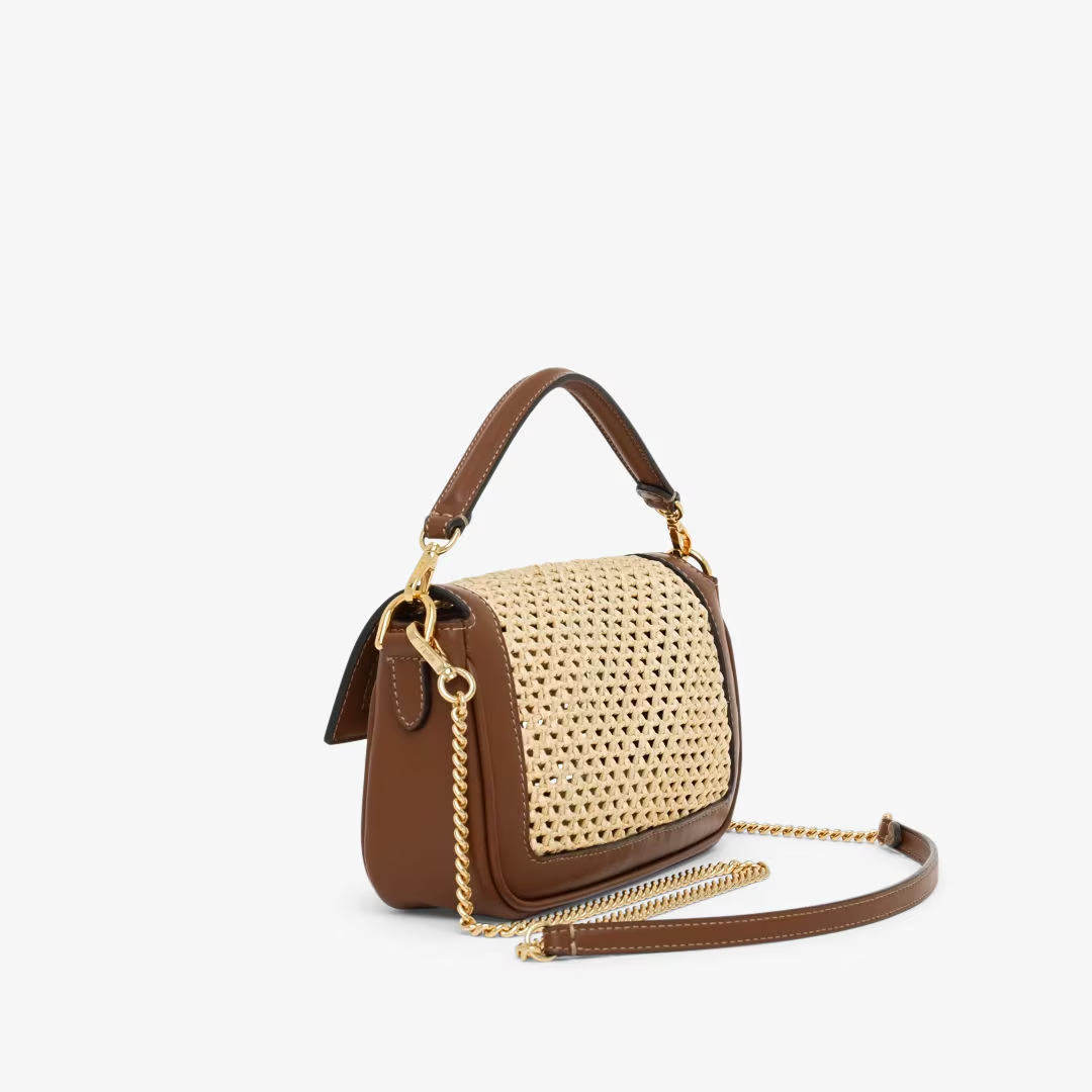Fendi Baguette Mini - Brown leather and macram  raffia bag